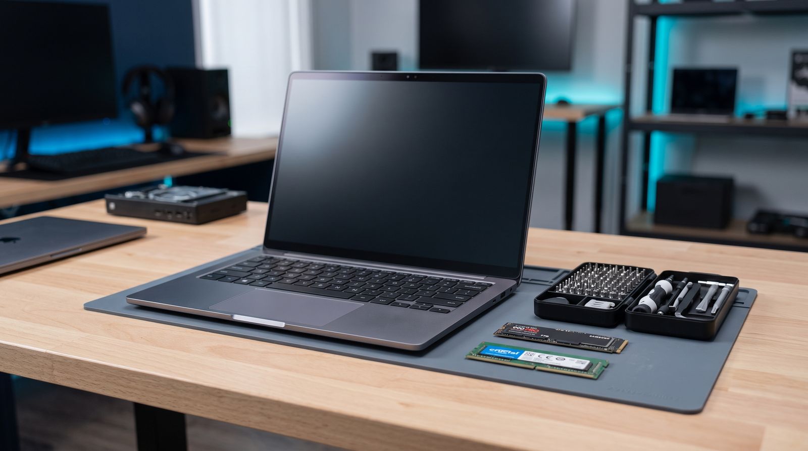 Ordinateur portable sur un tapis d’atelier, avec une barrette de mémoire vive, un SSD M.2 et des tournevis