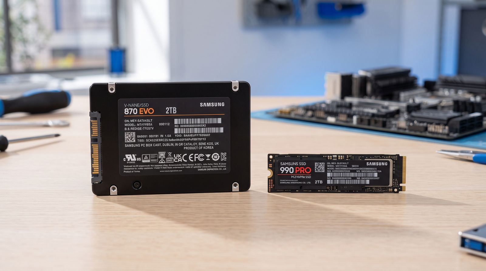 SSD SATA 2,5 pouces et SSD M.2 NVMe posés côte à côte sur un plan de travail