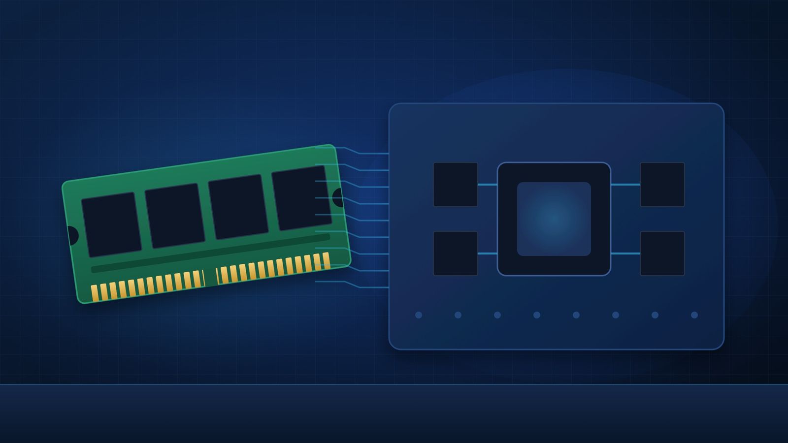 Illustration d’une barrette de mémoire vive amovible à côté d’une carte électronique où les puces de mémoire sont soudées autour du processeur