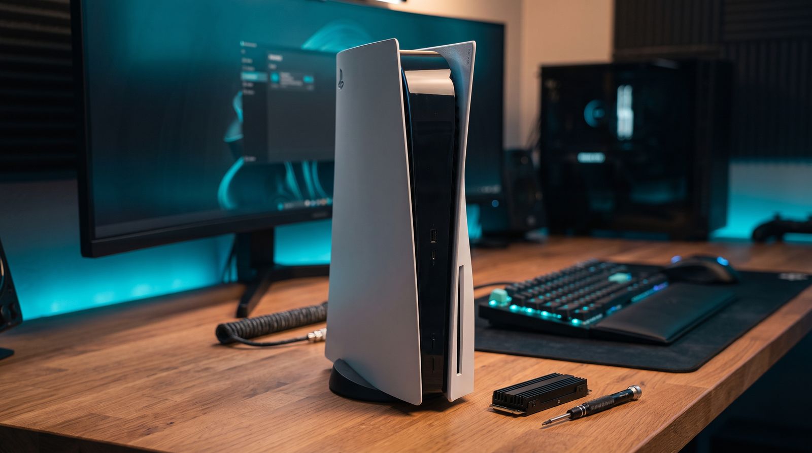 Console PS5 debout sur un bureau, devant un écran et un clavier, avec à ses pieds un SSD M.2 à dissipateur et un tournevis de précision